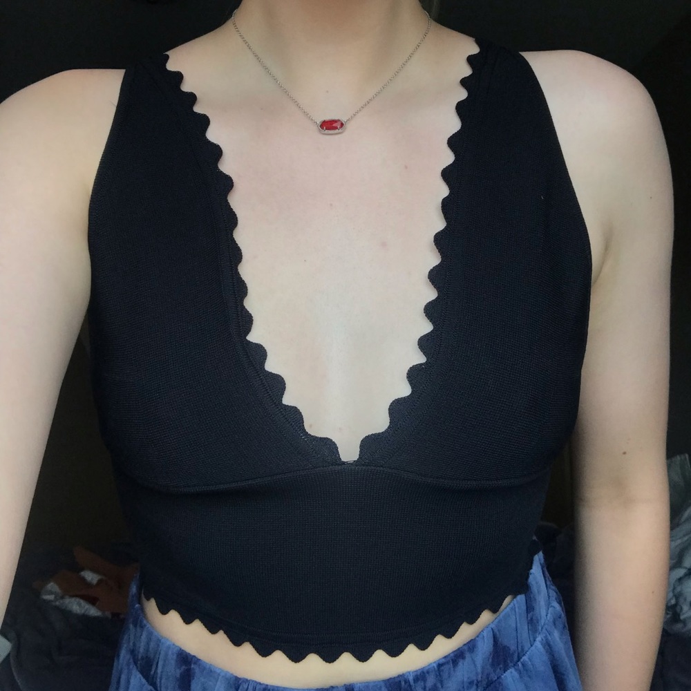 Free People Black Scalloped V-Neck Tank Top